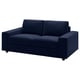 A VIMLE navy blue, 2-seater sofa with a velvet cover, rectangular shape, and wooden legs.