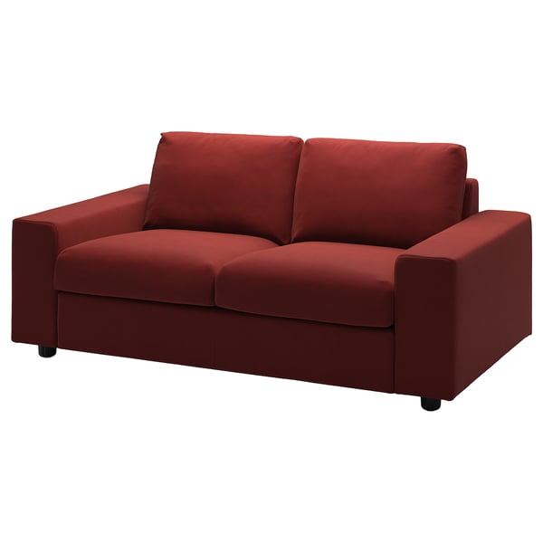 Modern red sofa, VIMLE, with clean lines and deep cushions. Soft, velvet fabric with high resilience foam seats. Perfect for cozy living spaces.