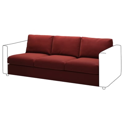 Red VIMLE sofa, modern design with white arms, velvet cover.