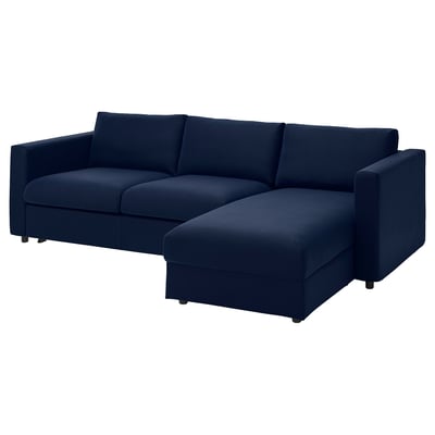 Navy VIMLE sectional sofa with chaise lounge and modern lines.