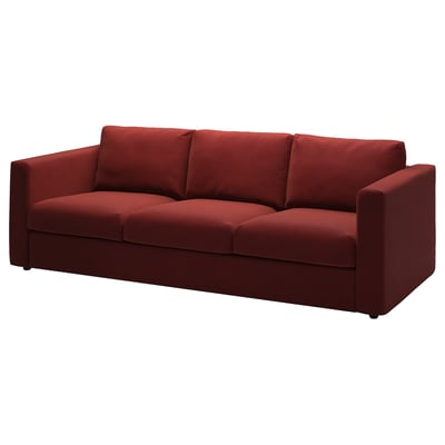 Red VIMLE sofa with square cushions and wooden legs.