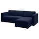 A VIMLE sectional sofa in dark blue with a left or right chaise longue, featuring storage and a 10-year guarantee.