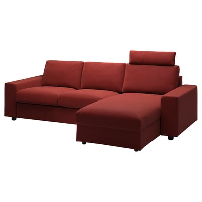 Bright red VIMLE sectional sofa with chaise, sleek modern design, red fabric, cozy cushions.