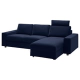 Dark blue VIMLE sectional sofa with chaise and headrests.