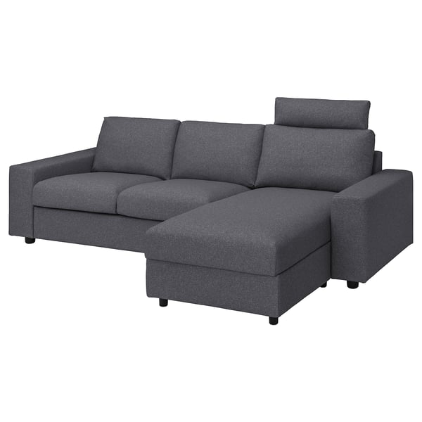 Dark grey VIMLE sectional sofa with chaise, boxy design, comfy cushions.