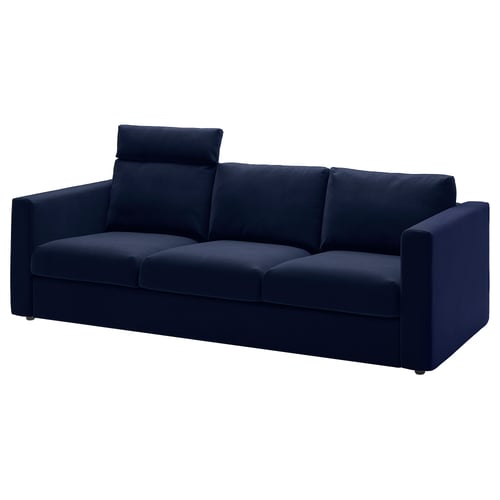 VIMLE: dark blue sofa with plush cushions, modern square shape, 3-seater with adjustable headrests.