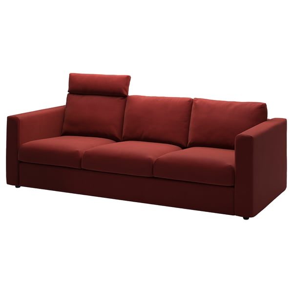 VIMLE red fabric sofa, modern design, 3-seater with headrest.