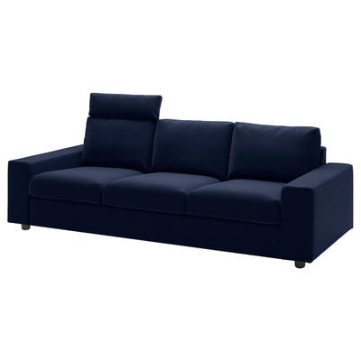 Deep blue modern sofa; sleek design, foam cushions, three seats, headrest.