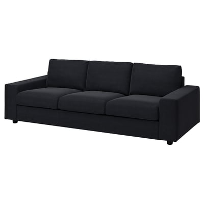 Black VIMLE sofa, modern minimalist design, soft cushions, dark gray fabric.