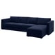 Option: The VIMLE sofa is a deep blue, l-shaped design with a storage chaise. Its upholstered in a blend of recycled materials for an eco-friendly touch.