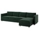 Green VIMLE sectional sofa with chaise, minimalist design, deep green fabric, 3 cushions & storage.