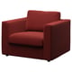 Red VIMLE armchair, modern design, comfy fabric, plush cushions, sturdy base.