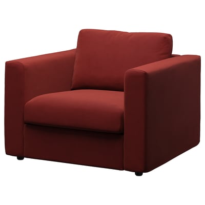 Red VIMLE armchair, modern design, comfy fabric, plush cushions, sturdy base.