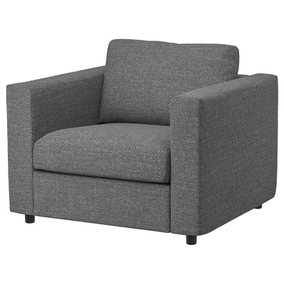A gray VIMLE armchair with boxy design and dark wooden legs.