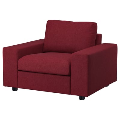 Red VIMLE armchair, modern design, cozy & versatile.