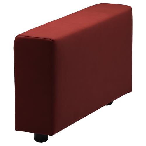 A red, rectangular ottoman with rounded edges and black legs. Its part of the VIMLE collection, designed for comfort and style.
