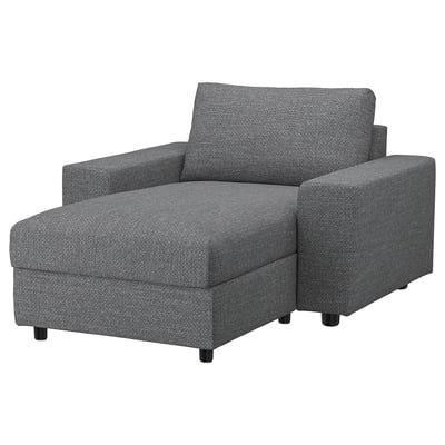 A VIMLE gray fabric lounge chair with an attached chaise, featuring a storage compartment under the seat.