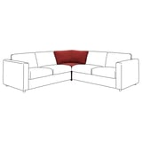 A modern corner sofa, VIMLE series, primarily white with a red cushion, featuring clean lines and a minimalist design.