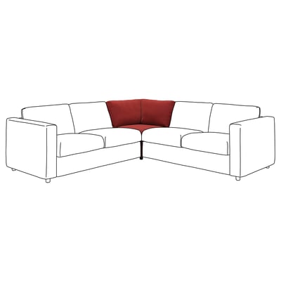 A modern corner sofa, VIMLE series, primarily white with a red cushion, featuring clean lines and a minimalist design.