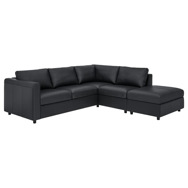 Black VIMLE sectional sofa with chaise. Modern, sleek design with leather and fabric upholstery.
