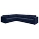 Navy blue VIMLE modular sofa, l-shaped, modern design with smooth lines, dark blue fabric, comfortable cushions.