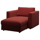 VIMLE red chair, modern curved design, deep red velvet, wide armrests, cushioned seat.