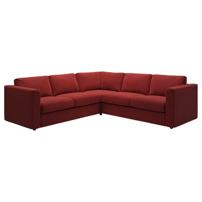Red l-shaped VIMLE sectional, recycled cotton/polyester, dense velvet.