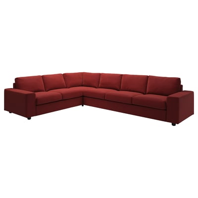 VIMLE red velvet corner sofa with dark wooden legs.