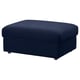 A navy blue VIMLE footstool with a rectangular, upholstered design in durable velvet, providing a comfortable and stylish addition to living spaces.