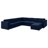 A large, navy blue VIMLE sectional sofa with a chaise lounge, featuring a modern and minimalistic design.