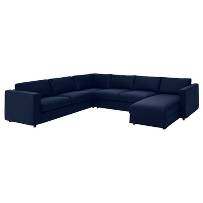 A large, navy blue VIMLE sectional sofa with a chaise lounge, featuring a modern and minimalistic design.