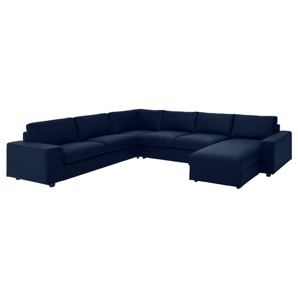 Large navy blue u-shaped sectional sofa, modern minimalist design.