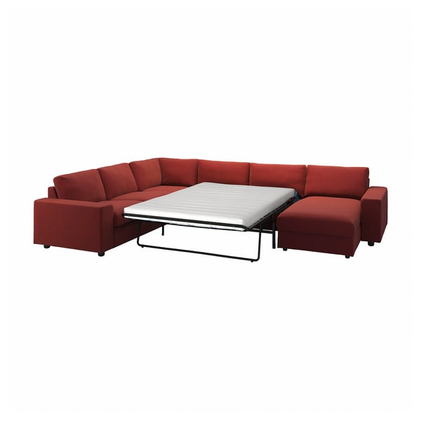VIMLE red l-shaped sofa-bed with white mattress, easy convertible, modern design.