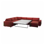 VIMLE red l-shaped sofa-bed with white mattress, easy convertible, modern design.