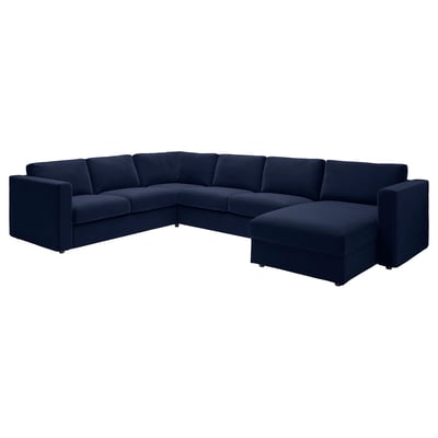 Dark blue, l-shaped sectional couch with modern design, deep seats, and sleek lines, ideal for spacious living areas.
