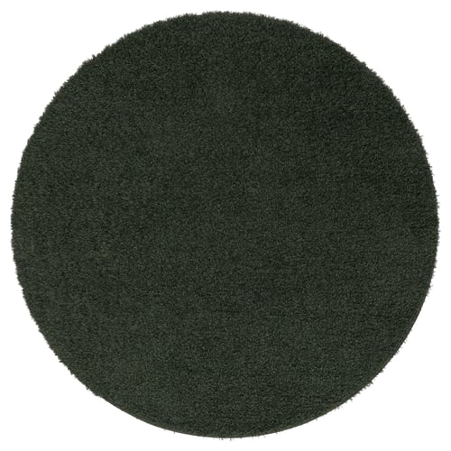Dark green, round rug, soft texture, plain design.