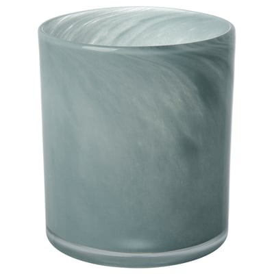 Round, frosted blue-green glass candle holder. Handcrafted with a wavy, textured design.
