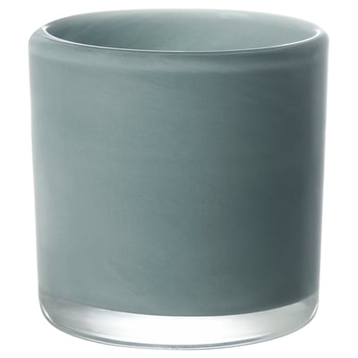 Cylindrical grey glass candle holder with frosted finish.