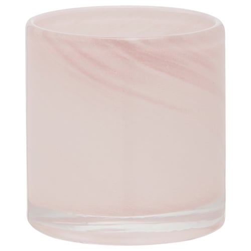 Rose-colored, cylindrical glass tealight holder with marbled design. Handcrafted for a unique look.