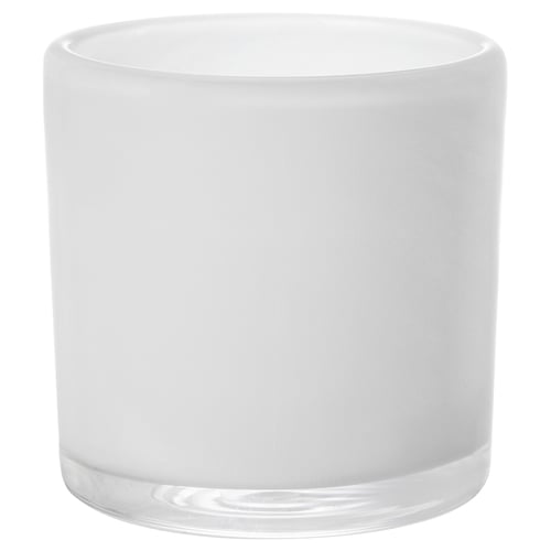 VINDSTILLA frosted glass candle holder, white, cylindrical with clear base.