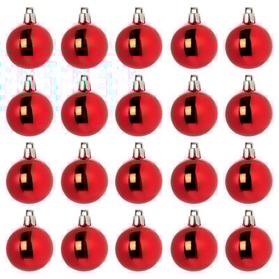 Twenty red round christmas ornaments, shiny, with silver caps, arranged in rows. Perfect for traditional holiday decor.