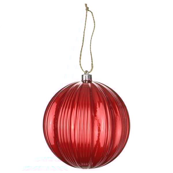 Bright red glossy christmas ornament, round with groove design, hangs from natural jute string.