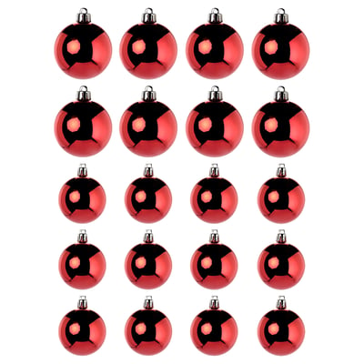 Multiple shiny red VINTERFINT ornaments, round shape, metallically designed, hanging caps.