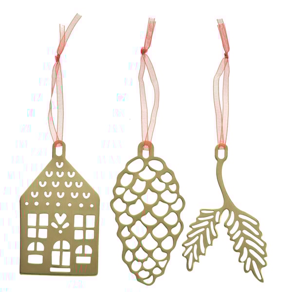 Three golden hanging decorations: house, pinecone, and leaves. Red ribbons attached.