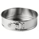 This image a silver, stainless steel, round springform cake pan with a release latch.