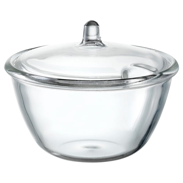 Clear VINTERTICKA glass bowl with lid, round shape, simple design.
