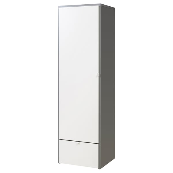 A VISTHUS tall white cabinet with a sleek, modern design. It stands on adjustable feet and one drawer and two doors.