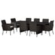 Image shows VITTSKÄR black outdoor dining set with rectangular table and eight chairs, featuring woven rattan and cushioned seats.