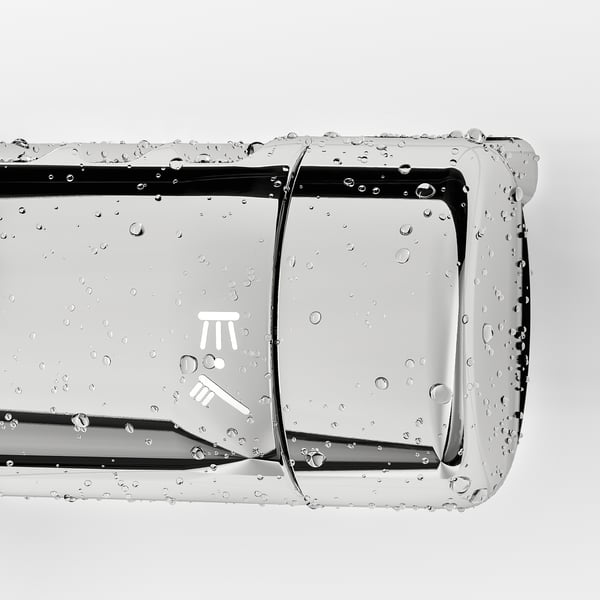 Silvery head/hand shower set with water droplets, featuring full and mesh spray functions.