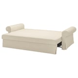 VRETSTORP sofa-bed in beige, rounded edges, soft fabric, converts into a bed.